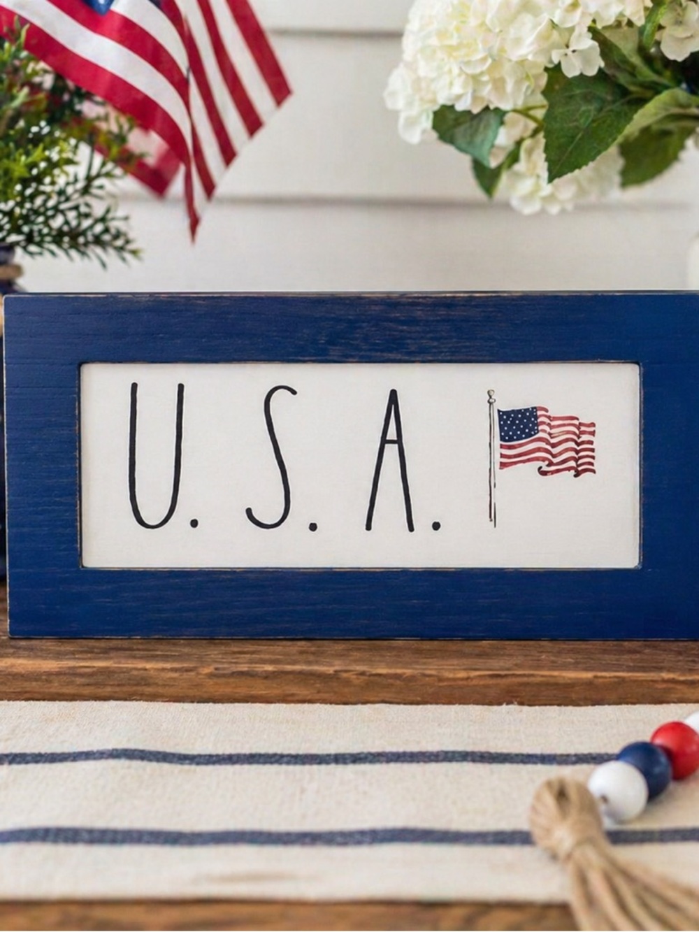 Rae Dunn Blue USA Wood Edged Flag Sign Patriotic Farmhouse Decor NEW